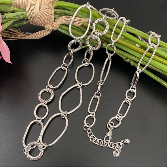 Retired BRIGHTON Silver-plated Pebbled Hammered Geometric Links 35” Necklace 91g - Picture 1 of 12